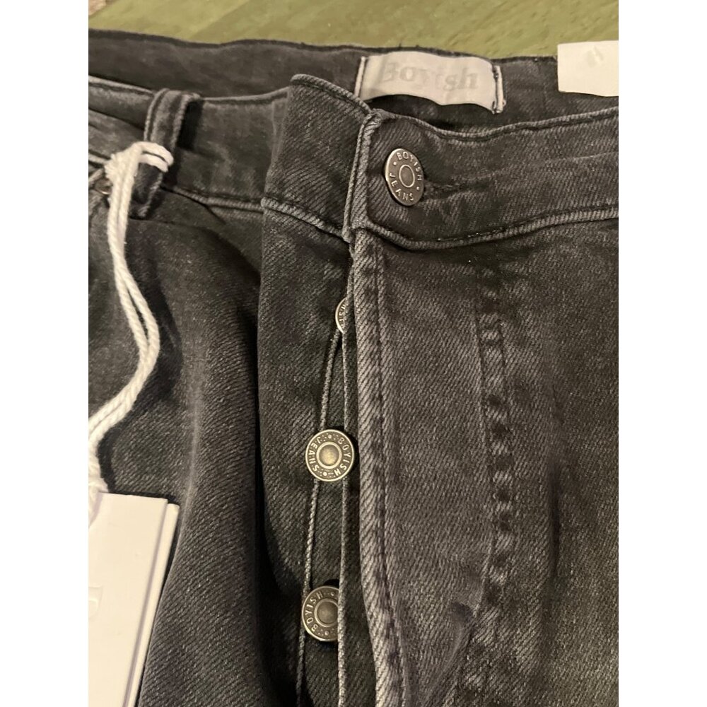 Boyish High-Rise Straight-Leg Distressed Black Denim Jeans W/ Frayed Hem For Wom - Picture 5 of 7